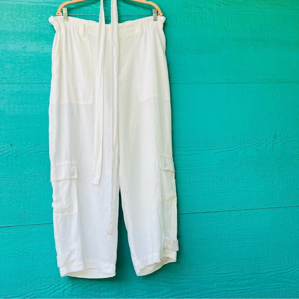 SANCTUARY LINEN WIDE LEG TIE BELT CARGO PANTS WHITE SIZE XL